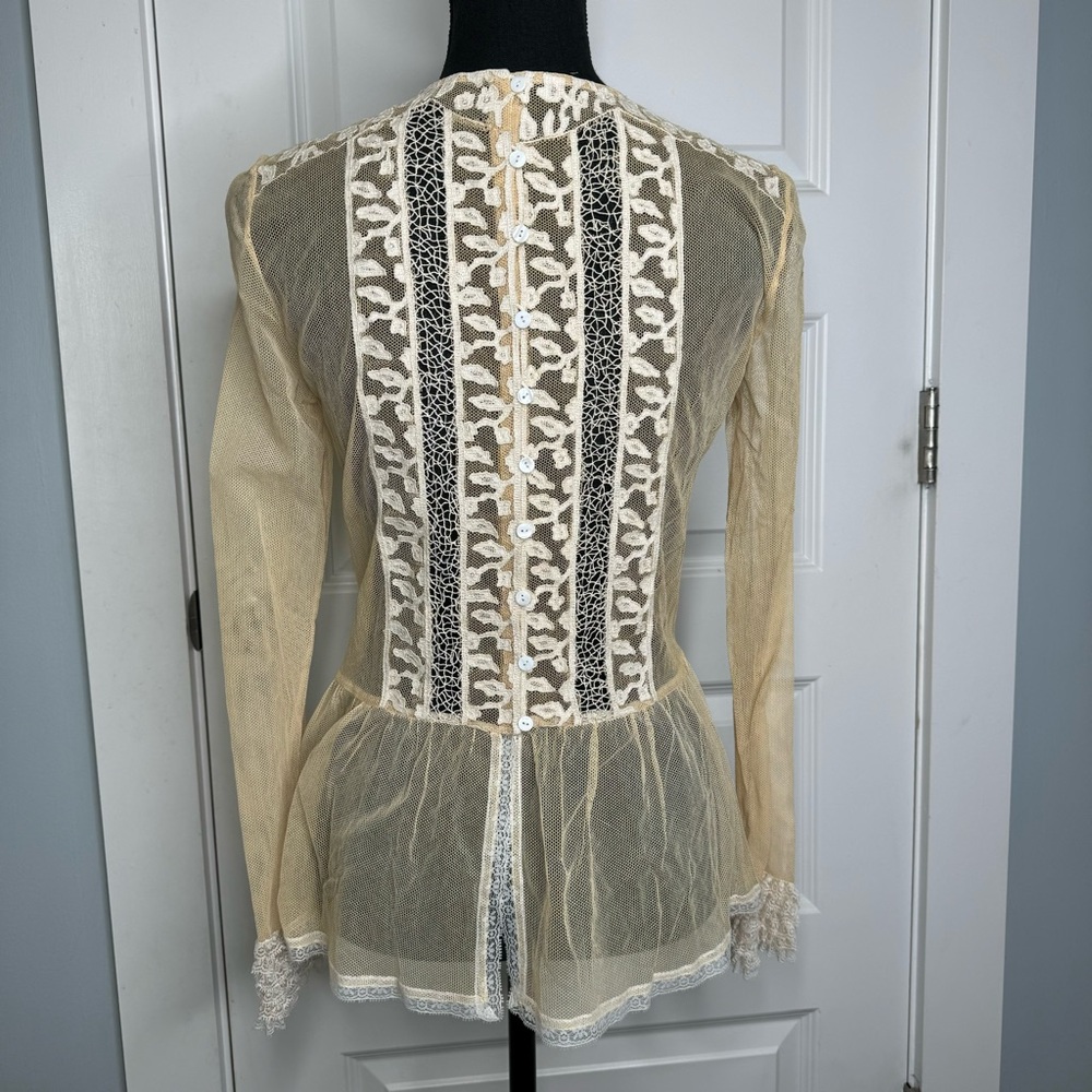 Oscar de la Renta Vintage Lace Mesh Ruffle Top in Ivory Women's Size 10 - Picture 6 of 12